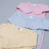 Three 100% cotton baby boys and girls romper sets in mix size and colors, in pink, yellow and blue.