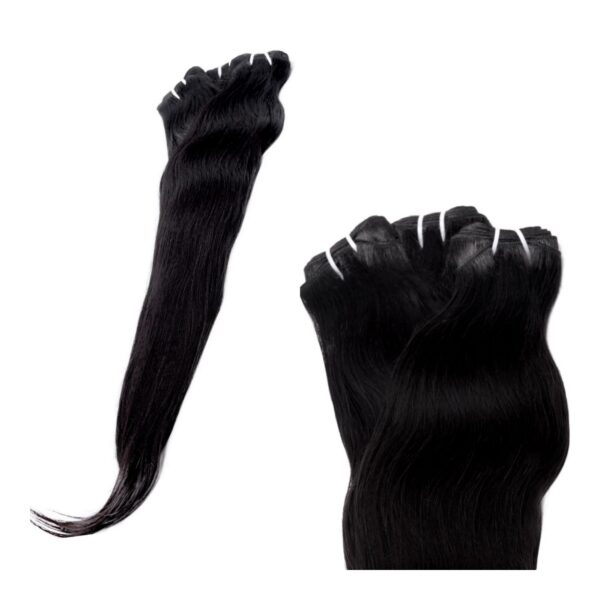 Two bundles of black virgin hair on a white background.