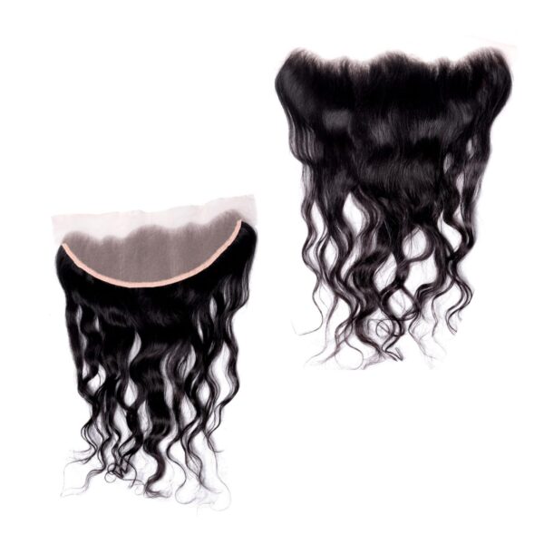 A pair of curly hair lace closures on a white background.