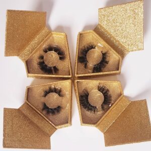 Four boxes of 100% luxury real Siberian mink eyelashes in a gold box.